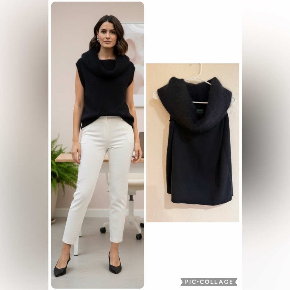 Lauren Ralph Lauren Black Sleeveless Cowl Neck Rabbit Hair Collar Sweater size M